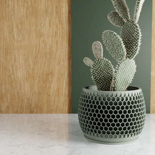Honeycomb Wooden Planter, Unique 3D Printed Plant Pot with Drainage and Saucer for Indoor Plants