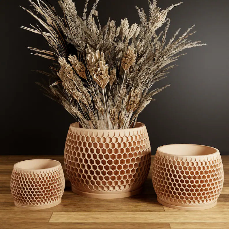 Honeycomb Wooden Planter, Unique 3D Printed Plant Pot with Drainage and Saucer for Indoor Plants